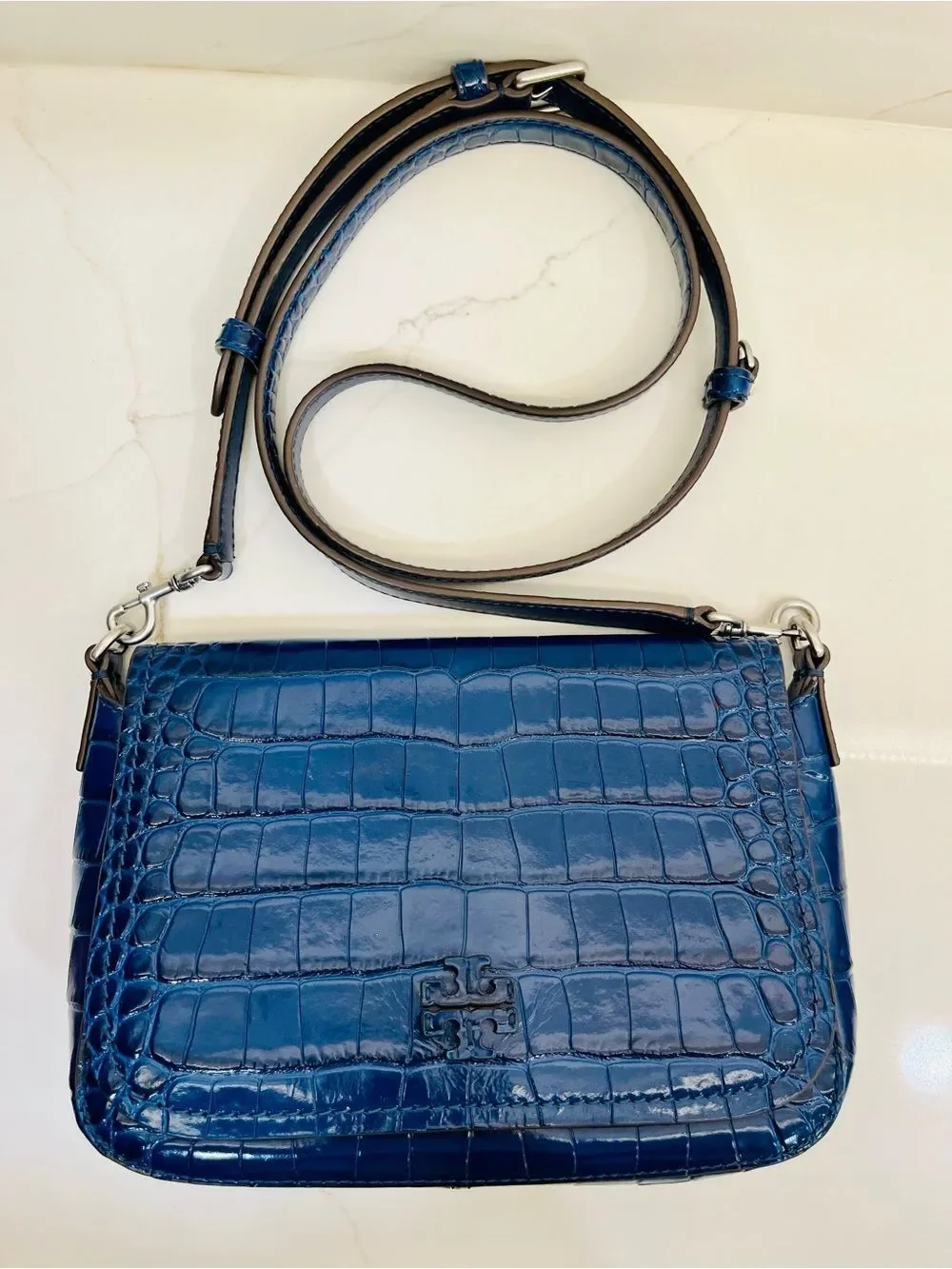 Tory Burch Thea Croc-Embossed Leather Flap Crossbody Bag Adjustable Straps